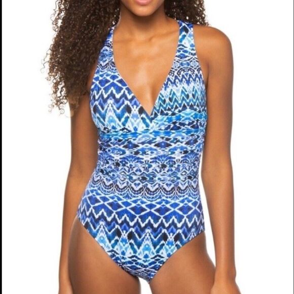 New La Blanca Oasis Ikat Multi Strap One Piece Swimsuit in Blue - Picture 1 of 8